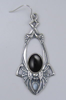 Sterling Silver Dramatic Art Deco Drop Dangle Earrings With Black Onyx And Grey Moonstone